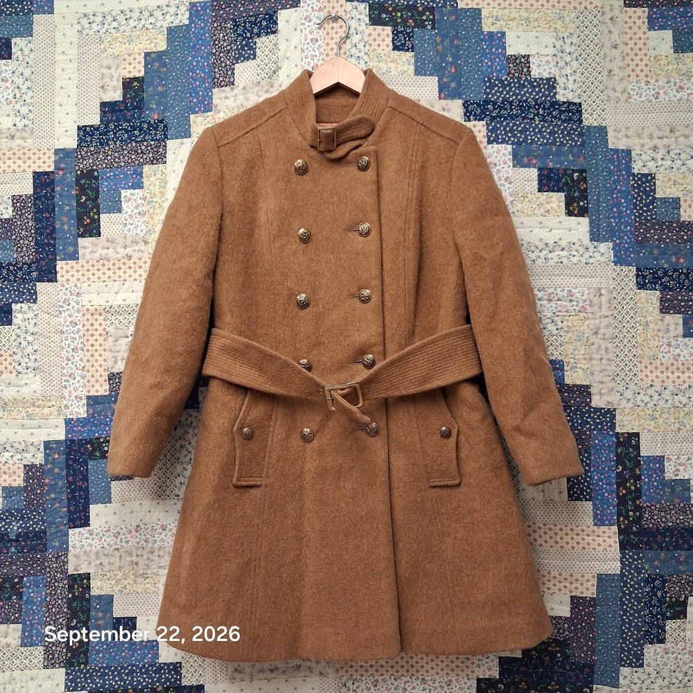 70s True Vintage Davis of Boston Wool Coat Womens M Camel Double Breasted Belt
